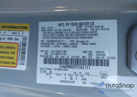 2023 Ford Mustang Mach 1 Fastback из США, поврежденный, VIN 1FA6P8R02P5501711